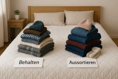 Zwei Stapel mit Wintersachen, einmal aussortiert und einmal bleibt